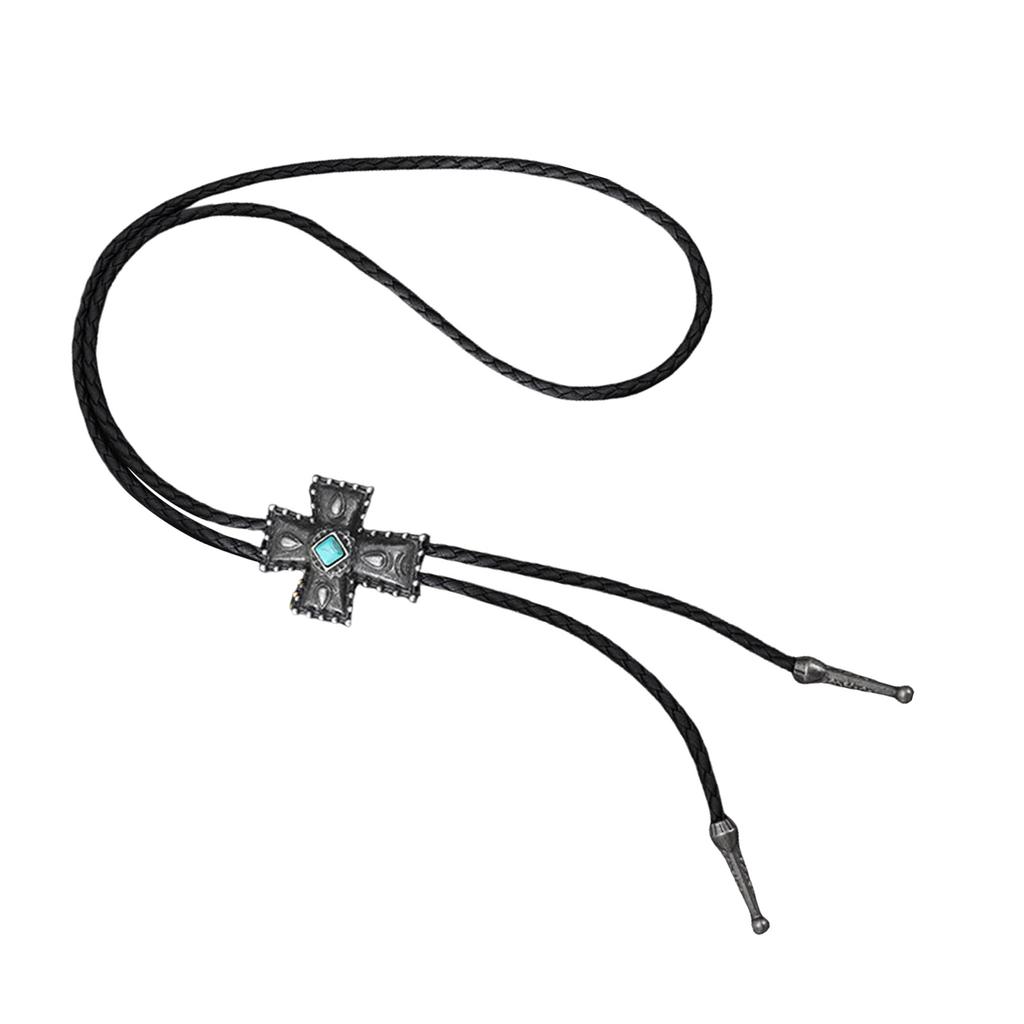 Vintage Faux Leather Cord Bolo Tie with Turquoises Crosses Pendant Adjustable Chain Necktie Necklace for Western Fashion
