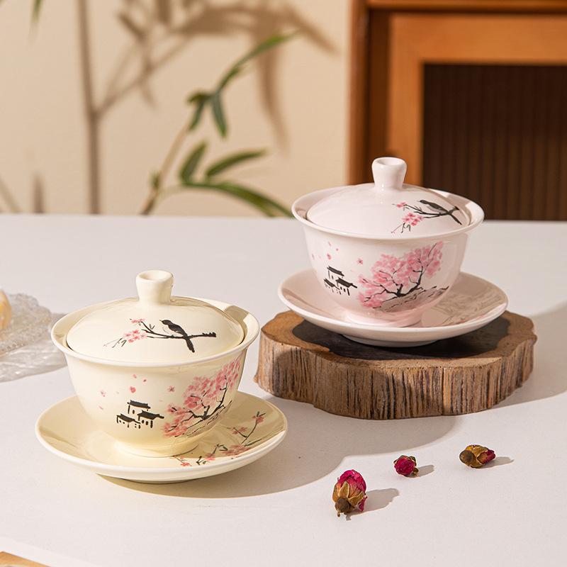 Peach Blossom Cover Bowl Kung Fu Tea Cover Bowl Tea Office Tea Cup Ceramic Single Flower Tea Bowl Gift Souvenir