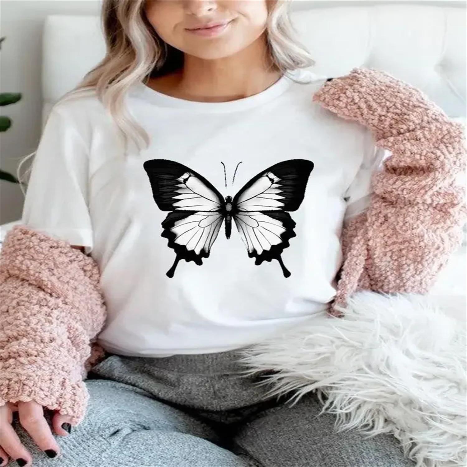 Women Clothing Butterfly Lovely Letter 90s Casual Tee Summer Short Sleeve T Female Fashion Printed Clothes Graphic T-shirts S