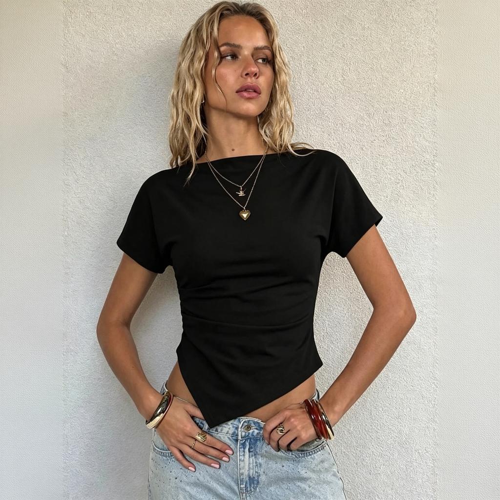 Damen Slim Fit Raffung Kurzarm T-Shirt Top Asymmetrischer Saum Dehnbar Lässige Bluse für den täglichen Gebrauch
