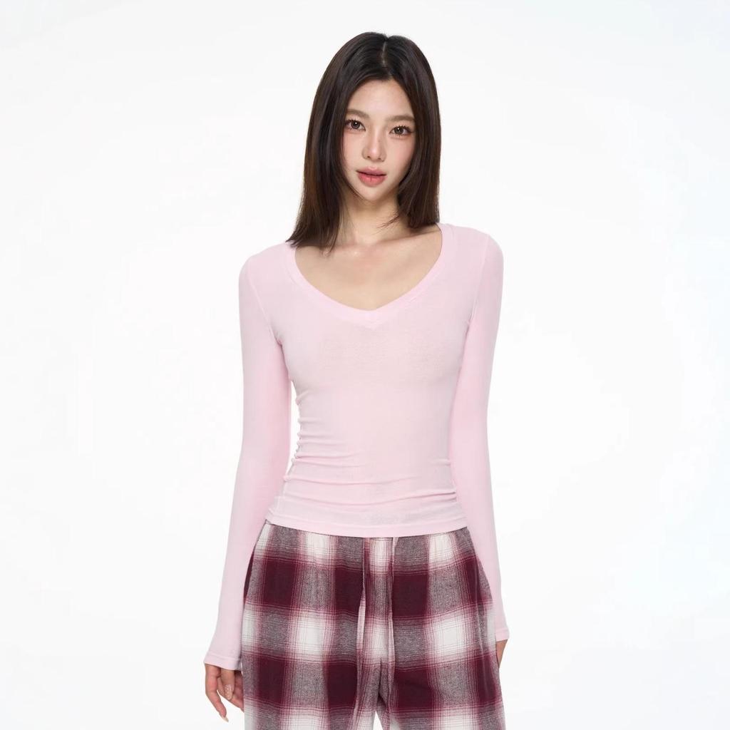 Women's V-Neck Lyocell Long-Sleeve Slim-Fit Top - Spring/Autumn Versatile Layered Design