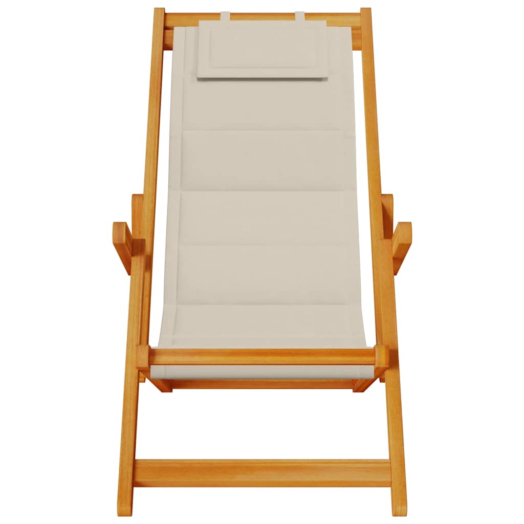 Folding Beach Chair with Armrests Taupe Color Acacia Wood Frame & Textilene Seat