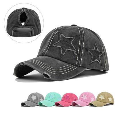 Damen Zopf Baseballkappe Gewaschene Baumwolle Sonnenhut Damen Pentagramm Pailletten Hip Hop Snapback Verstellbar Sport Golf Hüte