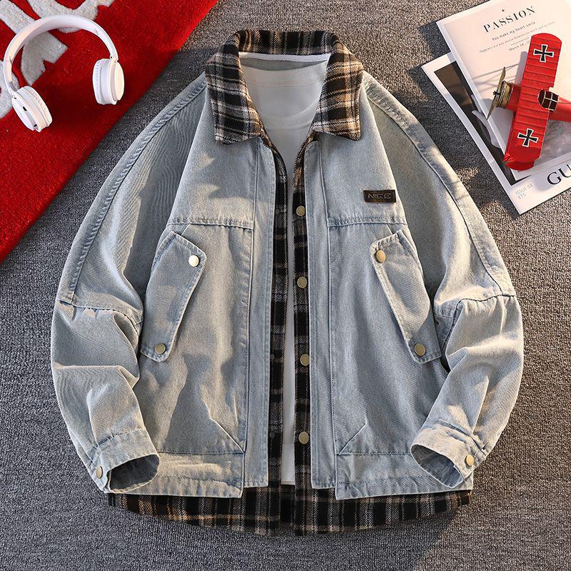 Pánská trendy kostkovaná patchworková džínová bunda 2025 - Falešný dvoudílný vlněný kabát na jaro a podzim