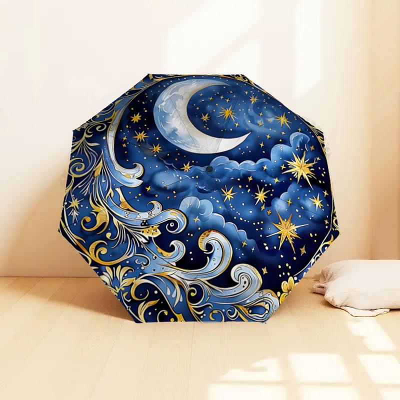Elegant Celestial Night Sky Auto-Open Close Umbrella with Golden Stars, Clouds & Moon Design - Portable 3-Fold Iron Frame Outdoor Umbrella f