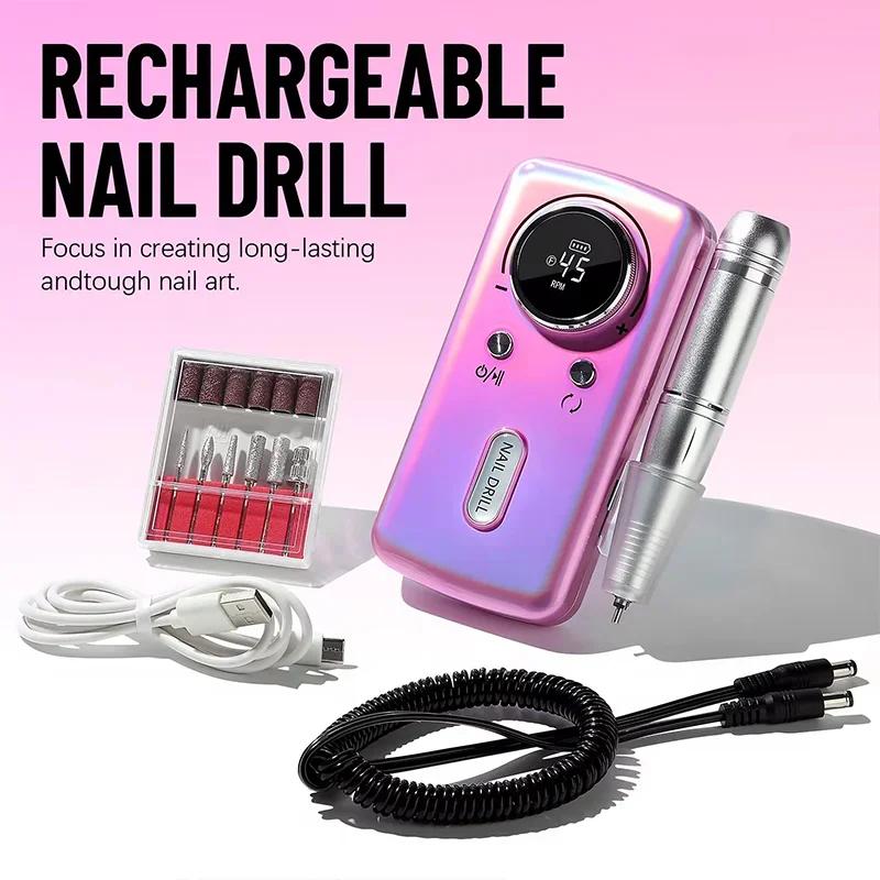 45,000 RPM rechargeable electric nail drill, professional nail drill for gel nails, portable nail file and trimming tool
