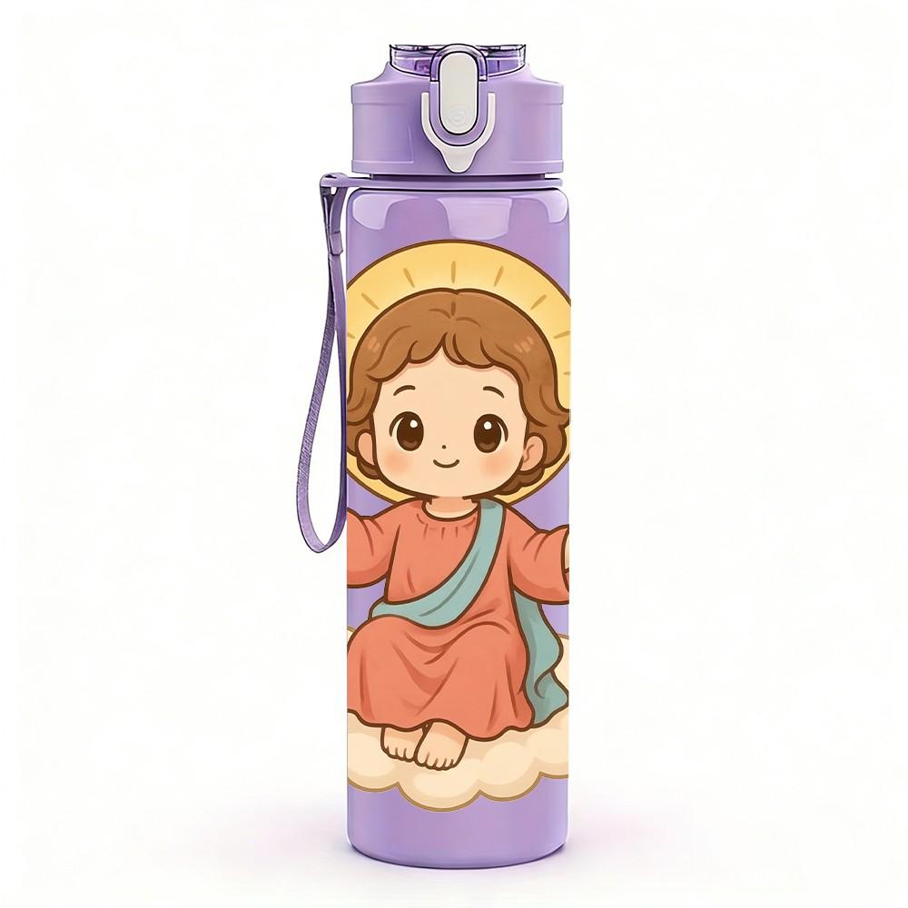 1PC Baby Angel Holy Cute Cartoon Print 750ml Color Plastic Sports Water Bottle Leakproof Flip Straw Lid Suitable for Sports Office Home Use