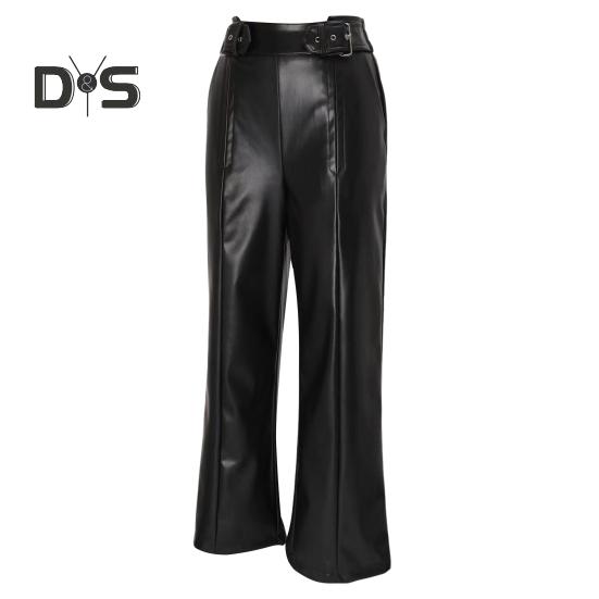 

Женские расклешенные брюки, узкие, с высокой талией, свободными карманами, из искусственной кожи, с эластичной талией, с широкими штанинами, однотонные брюки для работы, отдыха, повседневной носки L чёрный