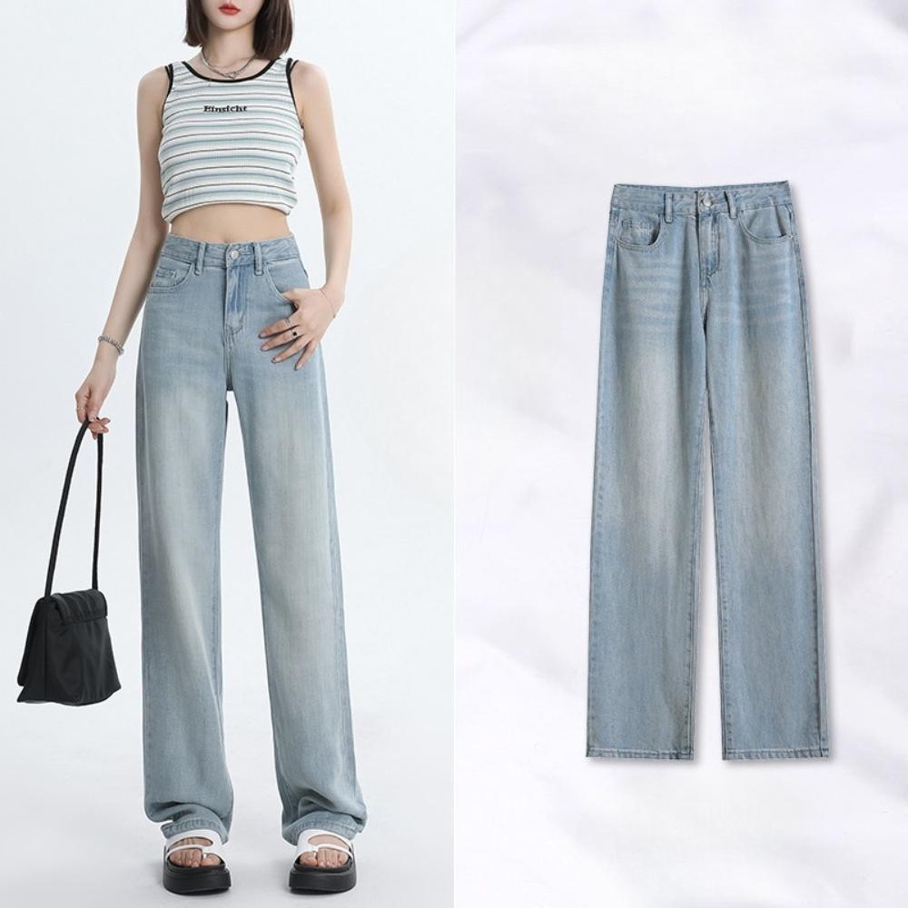 Women's High Waist Tencel Wide Leg Jeans Silky Drape Straight Denim Pants For Summer