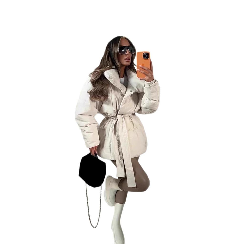 European and American women's clothing keeps warm and closes the waist, long sleeves tie the waist, solid color fashionable autumn and winter