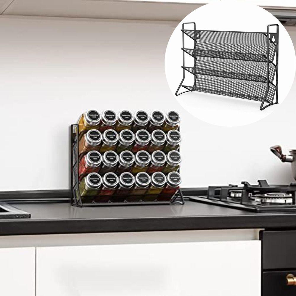 4 Tier Kitchen Spice Rack Carbon Steel Space Saving Spice Bottle Storage Rack Multi-function Seasoning Jar Organizer