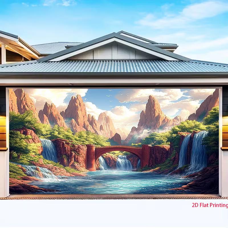 2D Mountain Waterfall Bridge Backdrop, Nature Landscape Photography Background