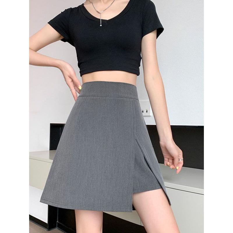 Women's Gray High-Waist Irregular Slit A-Line Midi Skirt