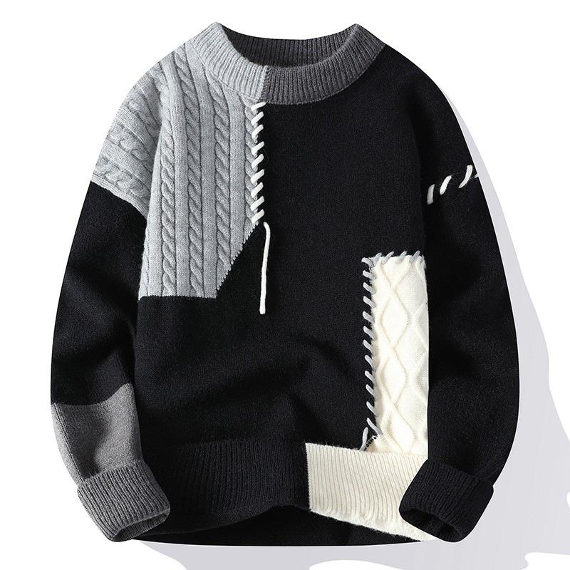 

Men s 2025 Patchwork Color Block Sweater - Woolen Knitwear for Autumn & Winter, American Casual Style. L чорний