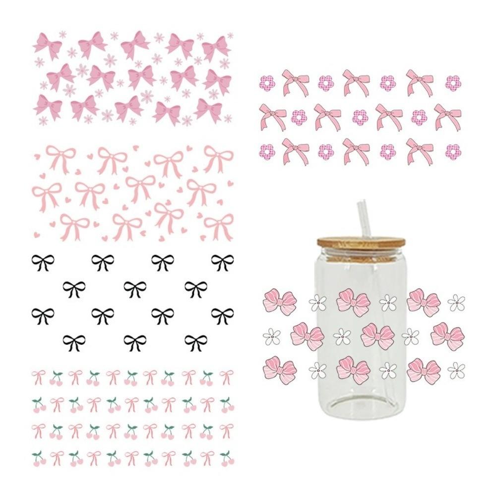 Clear UV DTF Transfer Sticker Waterproof Pink Bow Decals Water Bottles Sticker  For 16Oz Glass Cup