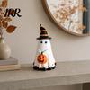 Unique Ghost Art Piece Halloween Figurine with Witch Hat, Cute Small Resin Decorative Holding Pumpkin Statue for Home Table Shelf Desk Decor