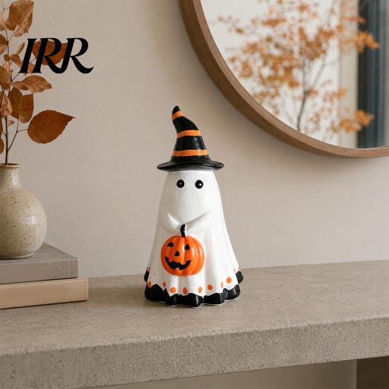 Unique Ghost Art Piece Halloween Figurine with Witch Hat, Cute Small Resin Decorative Holding Pumpkin Statue for Home Table Shelf Desk Decor