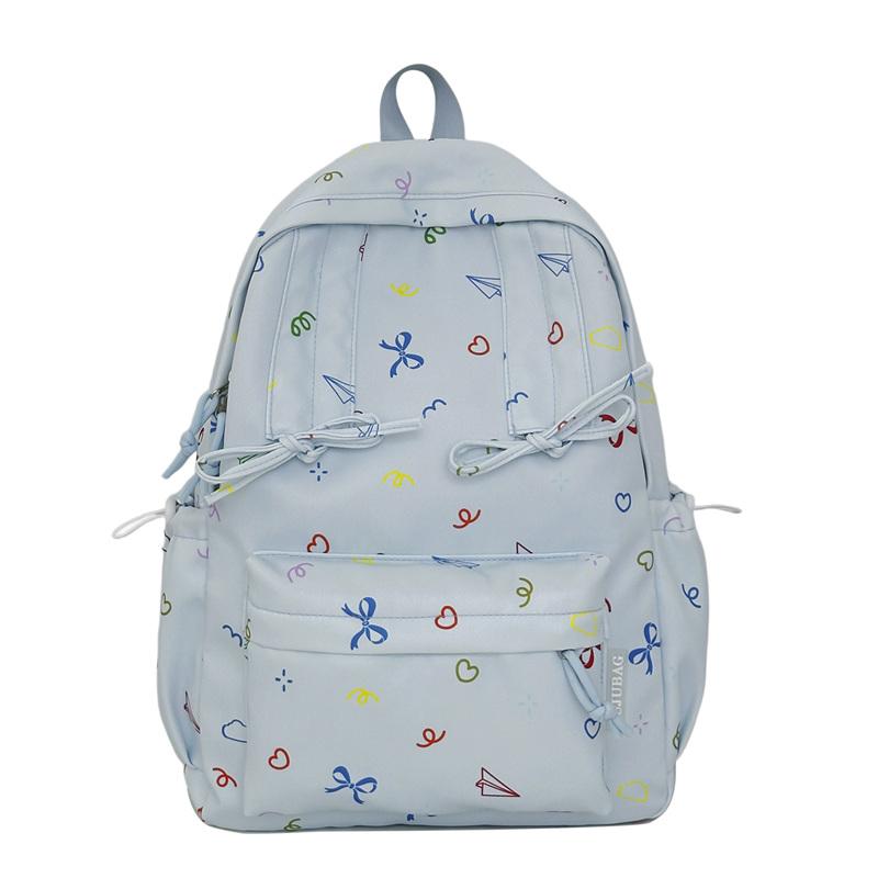 Cute Bow Tie Print School Backpack Lightweight Nylon Zipper Daypack with Front Pocket for Teen Girls Daily Travel