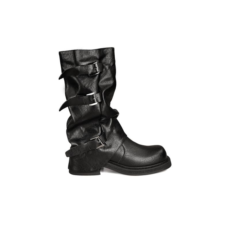 Cowhide~ Height Increased 6cm Belt Buckle Pleated Medium and High Boots Leather Knight Boots Women's Pants Tube Boots