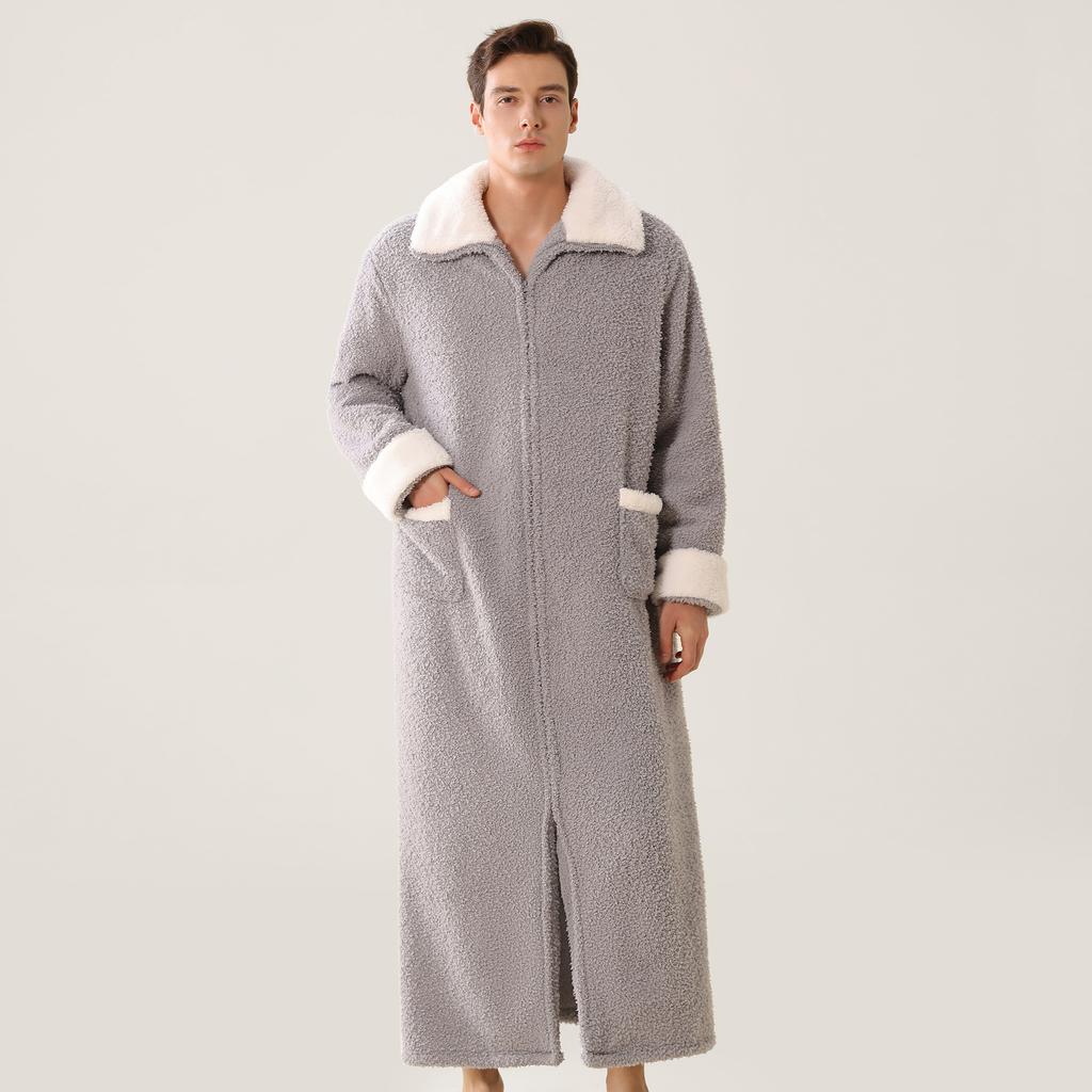 Men's Plush Bathrobe Zipper Up Long Housecoat Winter Warm SPA Fleece Duster Robe with Pocket Flannel Full Length Loose Fit Nightgown Sleepwear for Men
