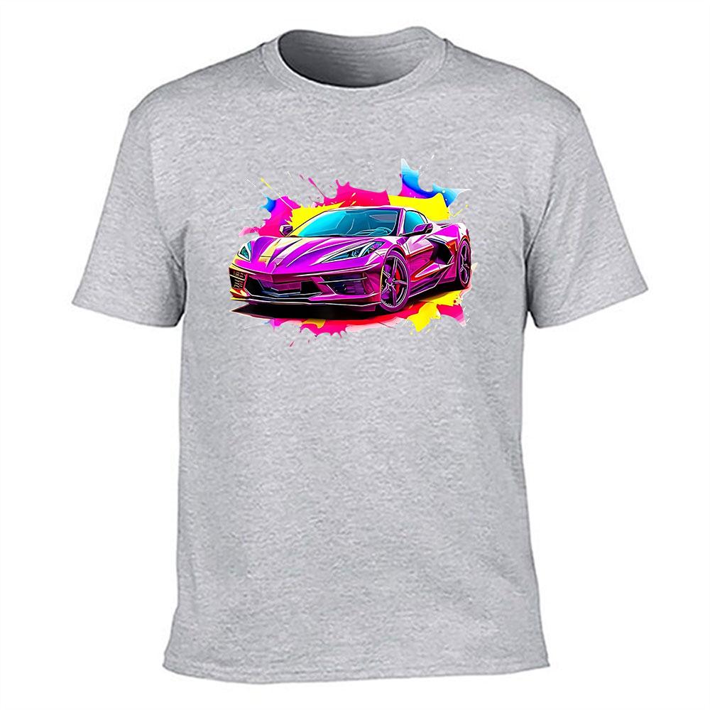 Vibrant Pink Sports Car Graphic Cotton Tshirt For Unisex Bold Splash Art Print Casual Short Sleeve Tee Trendy Streetwear Top For