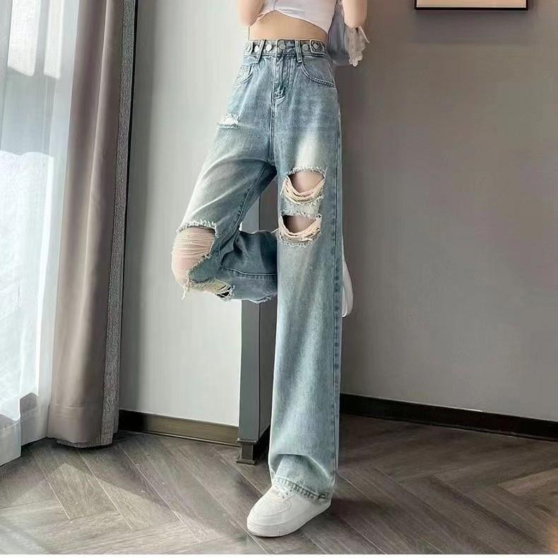 Women's Plus Size High Waist Ripped Jeans, Spring 2025 - Wide Leg, Floor Length, Straight Fit