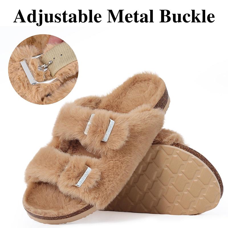 Fashion Smile Fashion Slippers For Women New Cork Insole Comfort Slides Outdoor Fluffy Sandals With Adjustable Metal Buckle Arch Support