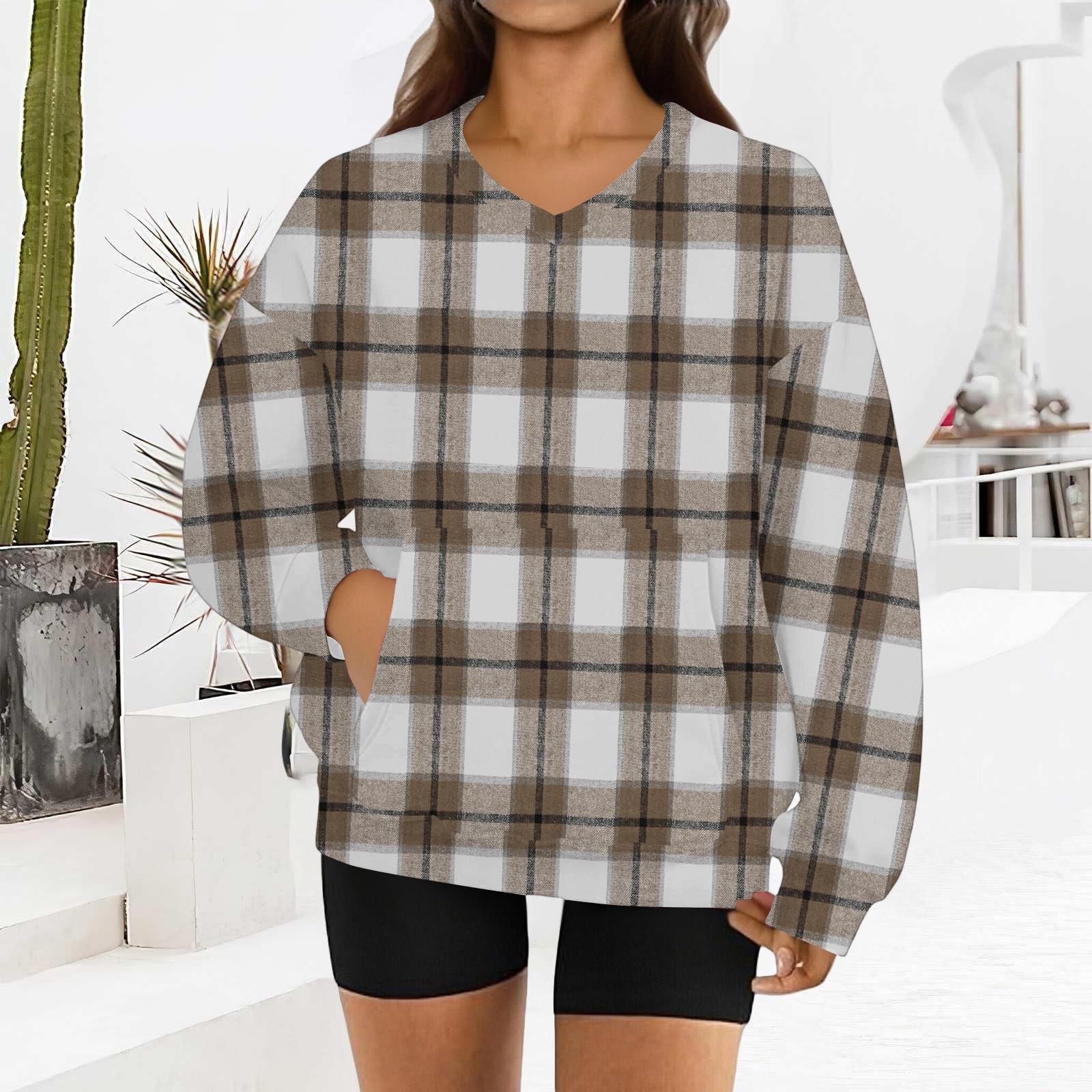 

Женский модный свитшот с длинными рукавами и V-образным вырезом с клетчатым принтом M