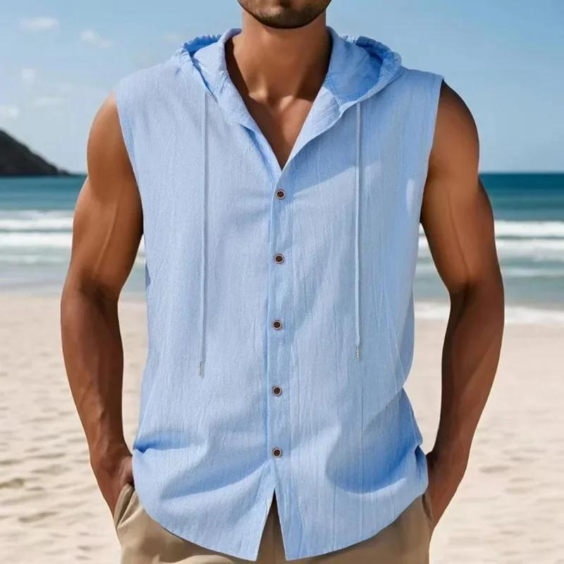 Summer Loose Casual Tank Tops Men American Style Linen Hooded Sleeveless Shirt Hip Hop Trendy Top Comfortable Breathable Vests