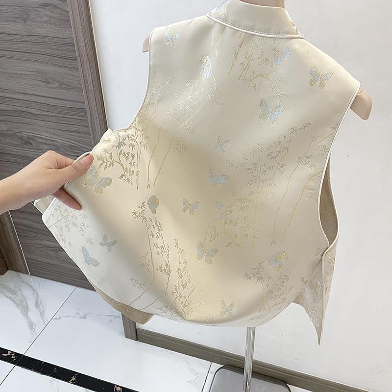 Spring Autumn Chinese Style Sleeveless Vest Coat for Women Stand Collar Jacquard Waistcoat Spring Summer Thin Lined Tank Tops