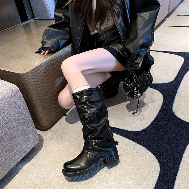 Thick-soled thick-heeled belt buckle pleated medium boots women's 2025 autumn new trousers Martin boots Western cowboy short boots