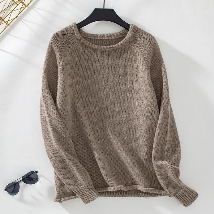 Vintage O Neck Solid Color Long Sleeve Loose Knitwear Cardigan Sweater Top for Autumn Winter