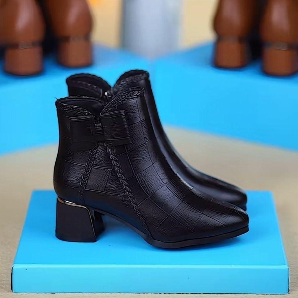 Damen Echtleder Stiefeletten mit spitzer Zehenpartie und Schleife - Herbst/Winter Stil, mit Samt gefüttert, Mid-Calf, Temperament Martin Boots.