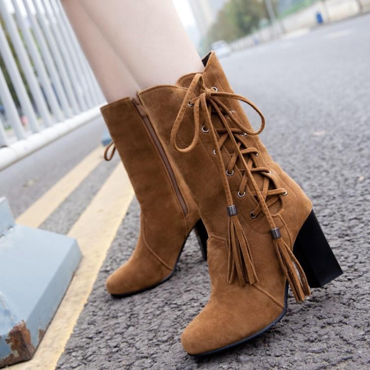 

Ботильоны средней высоты Матовые Толстый каблук Женские ботинки Высокий каблук Осень и Зима Европейские и американские Ботинки с кисточками 40-47 39 коричневый