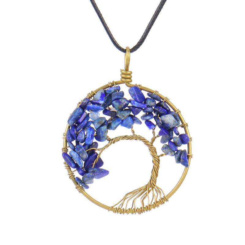 Hand-Wound Natural Gravel Crystal Pure Copper Curved Tree Of Life Pendant Necklace N43