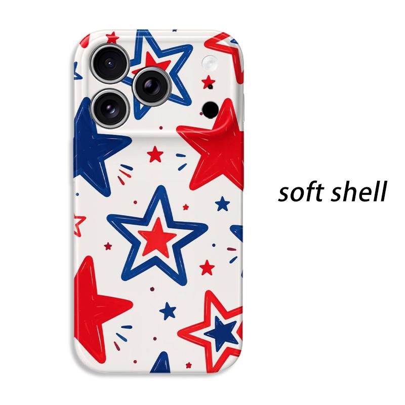 Playful Hand Drawn Red Blue Star Pattern Film Aesthetic Protective Shockproof Bumper Phone Case Cover For iPhone 14 15 16 17 Pro Max Plus