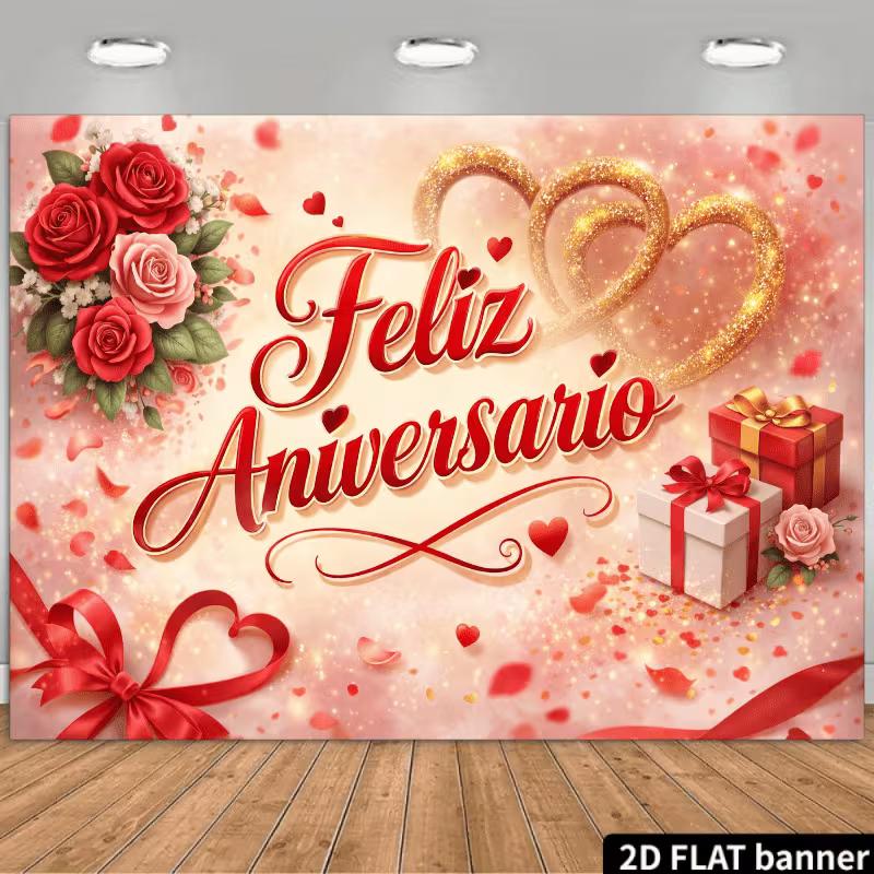 

2D Spanish Anniversary Backdrop, Feliz Aniversario Script & Gift Boxes Photography Background 47.2x31.5inch/120*80cm