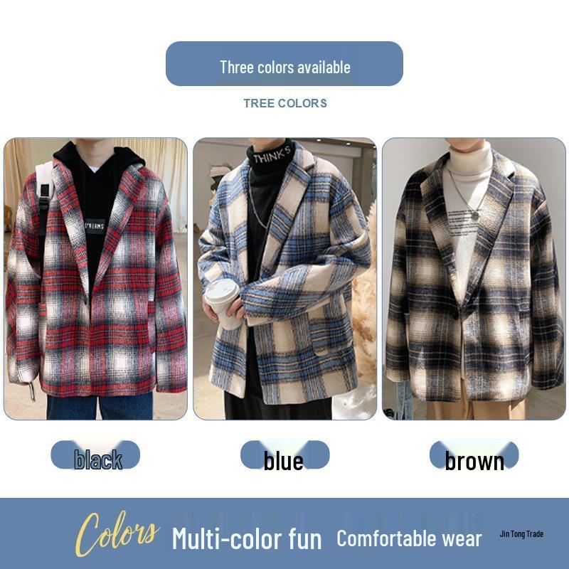 Men's Trendy Plaid Wool Jacket 2023: Autumn/Winter Korean-Style Casual Windbreaker