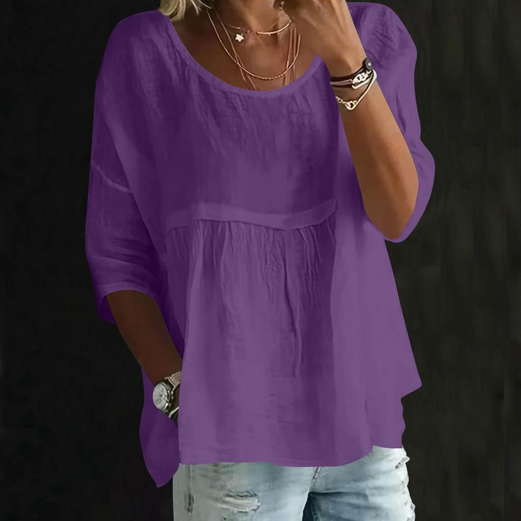 Womens Fashionable Solid Color Round Neck Three-quarter Sleeve Loose Round Neck Top