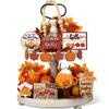 Fall Pumpkin & Maple Leaf Reclaimed Wood Tiered Tray FSC-Certified Thanksgiving Tabletop Seasonal Decor for Home Garden