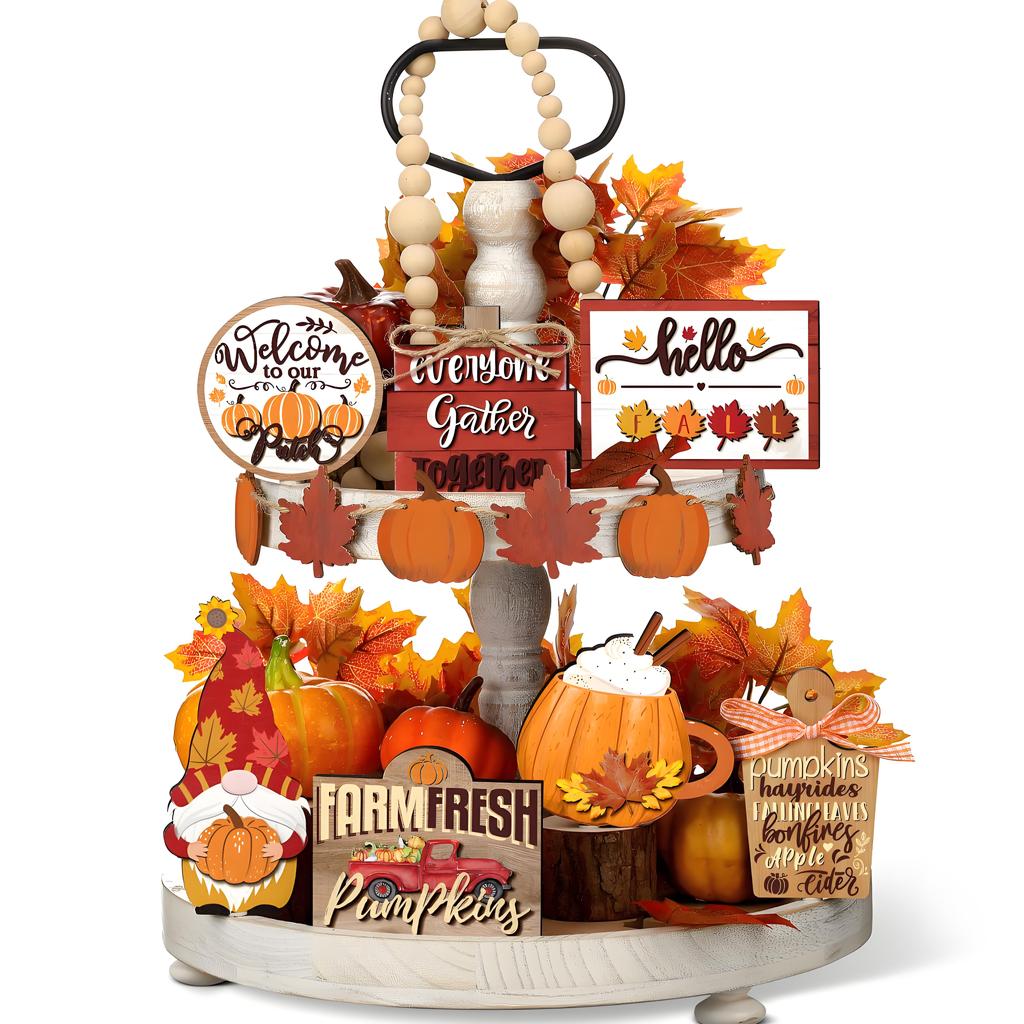 Fall Pumpkin & Maple Leaf Reclaimed Wood Tiered Tray FSC-Certified Thanksgiving Tabletop Seasonal Decor for Home Garden