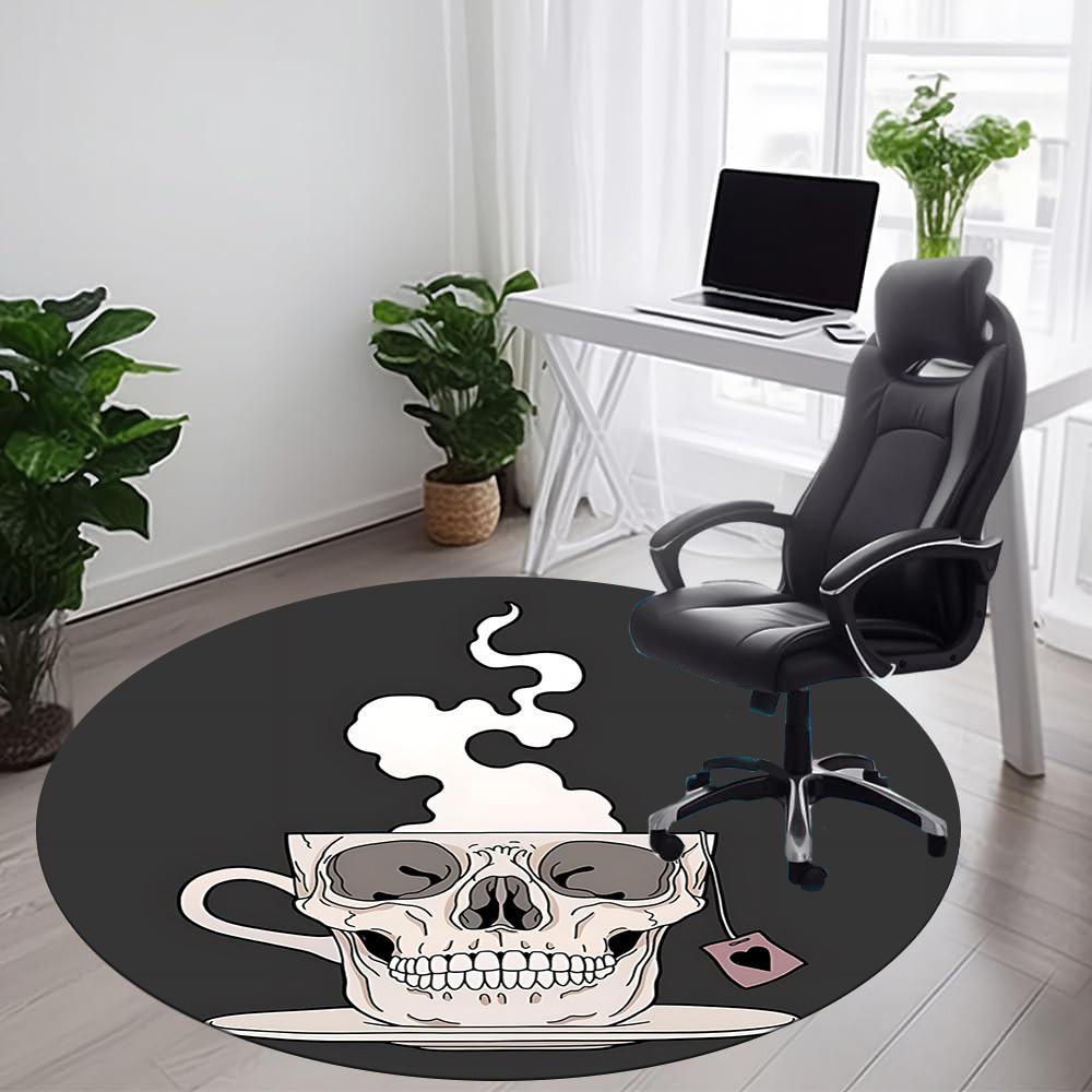 1pc Coffee Skull Office Round Area Rug, Under Office Chairs Bedroom Living Room Home Decor, Room Deco