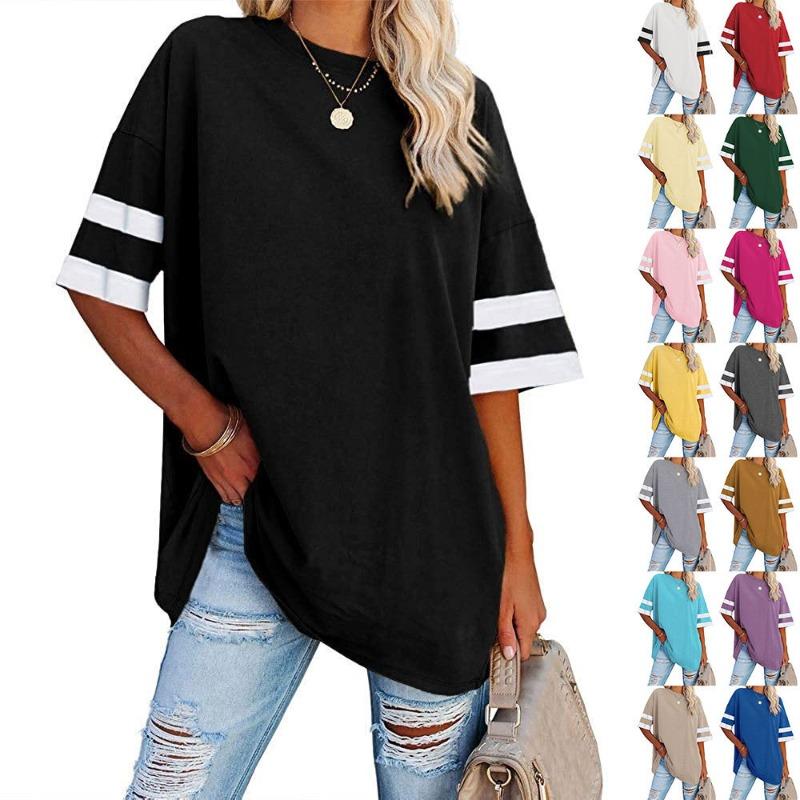 Women's Loose Half-sleeve Round Neck Colour Clashing Drawstring T-shirt