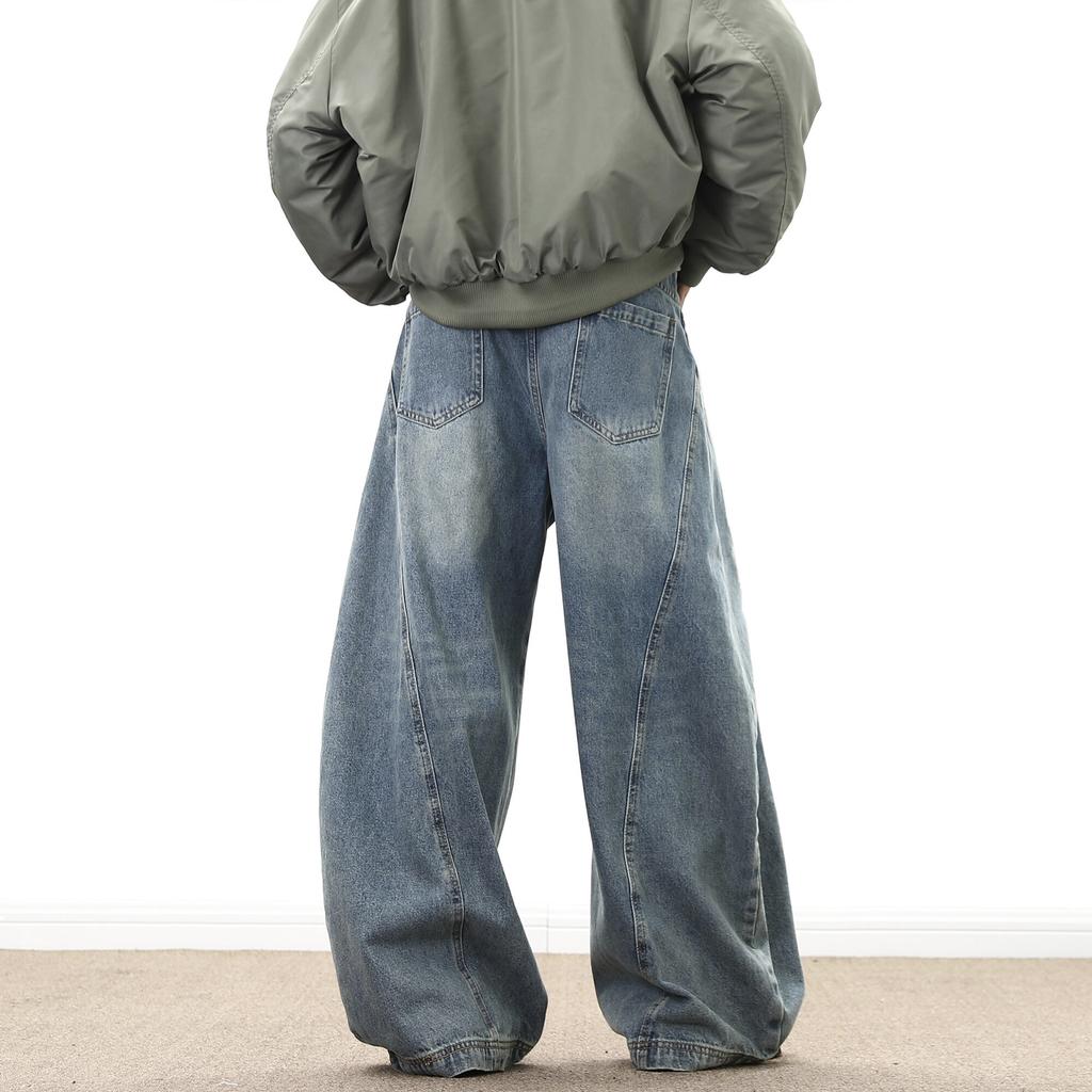 American retro washed old scimitar jeans men's trendy brand ins design sense wide legs loose straight long pants