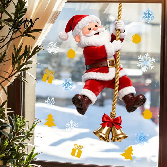 Seasonal Home Ornament Christmas Window Cling, Santa Climbing Rope Sticker, Removable Static Cling Non Adhesive Clings PVC Tree Decal for Glass Doors