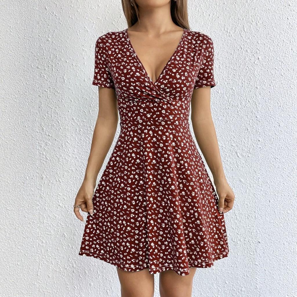 New temperament fashionable slim floral dress, European and American V-neck gentle commuting holiday thin dress