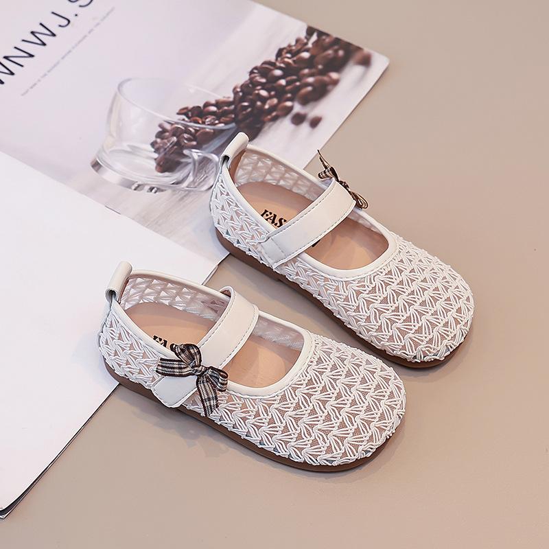 Kids Woven Hollow Out Bow Decor Mary Jane Shoes 21 бежевый