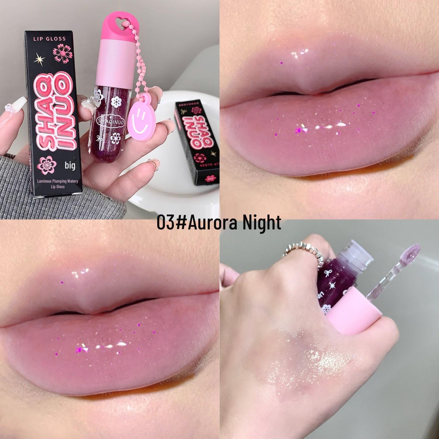 SHAQINUO Crystal Dewy Lip Gloss with Smiley Charm - Intense Color, Hydrating Mirror Finish, and Plumping Effect.