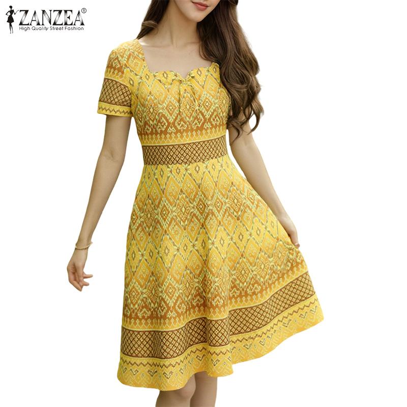 ZANZEA Women Casual Square Neck Short Sleeve Summer Print A-line Dress