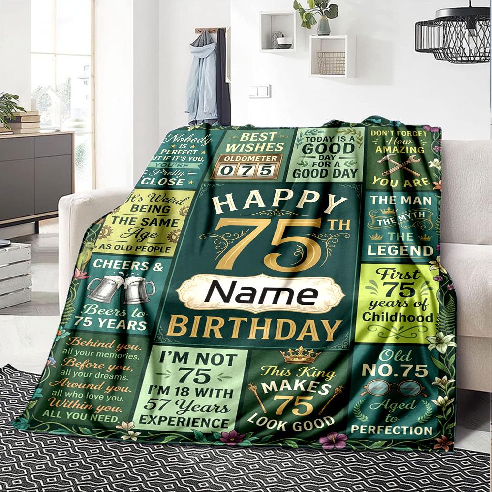 75Th Birthday Celebration Blanket Personalized Name Soft Warm And Versatile For Sofa Bed Office And Travel Machine Washable Comfortable In All Seasons